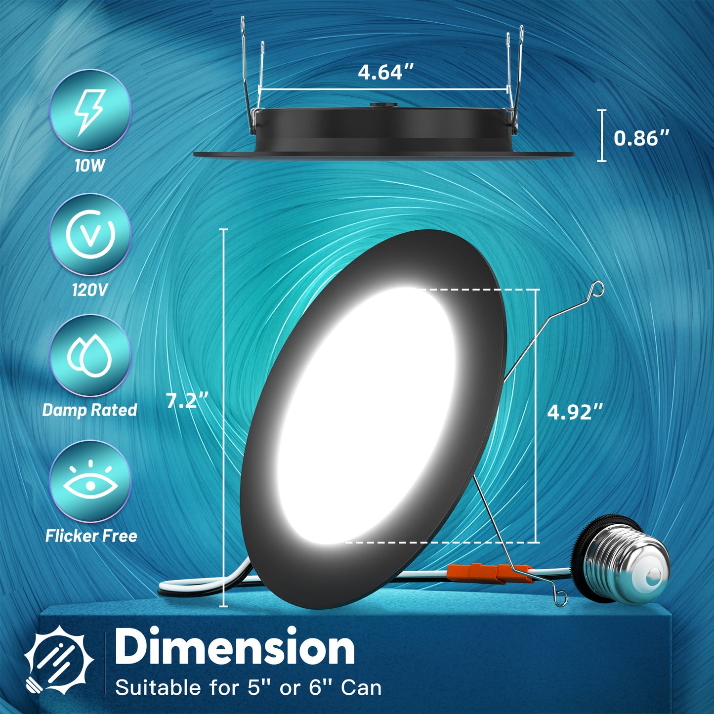 FREELICHT Retrofit LED Recessed Lighting 6 Inch, Selectable 2700K/3000K/4000K/5000K/6000K, Dimmable Flat LED Can Lights, 10W=110W, 1000LM, IC & Damp Rated, ETL & FCC, Black