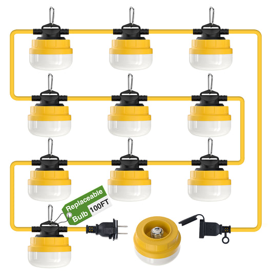 FREELICHT 100FT Construction String Lights, 100W 12000LM IP65 Weatherproof Linkable Jobsite Work Light with 10 Replaceable Bulbs and Hanging Hooks for Construction Sites, Indoor, Outdoor, ETL Listed